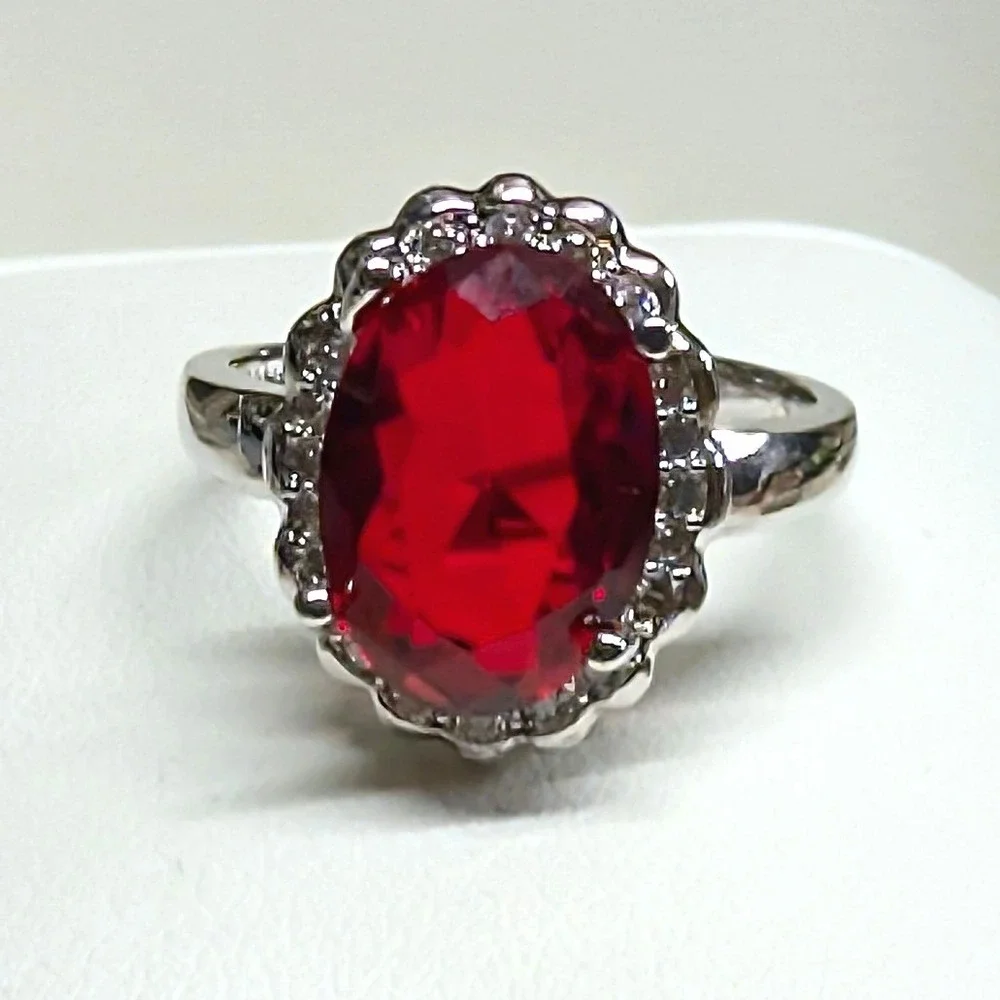 New 925 Marked Red Stone Halo Ring Plus Size 9.5 SilverTone Oval Rhinestones